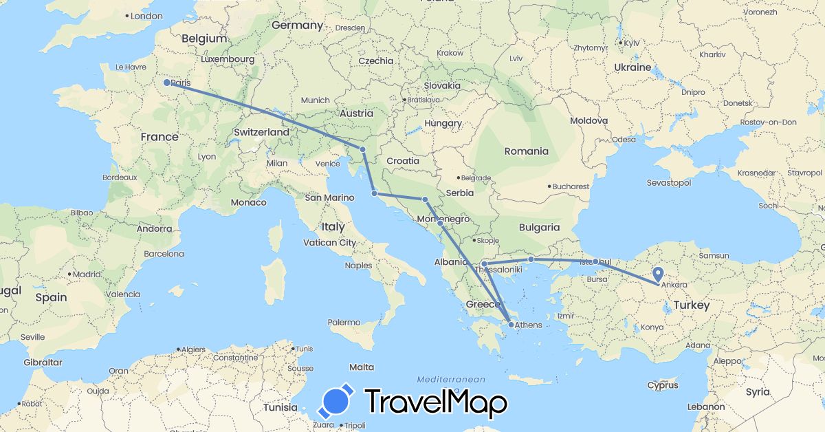 TravelMap itinerary: driving, cycling in Bosnia and Herzegovina, France, Greece, Croatia, Montenegro, Slovenia, Turkey (Asia, Europe)
